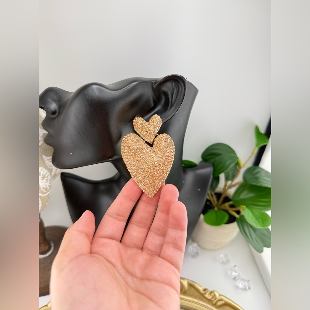 Statement Heart Earrings | Gold-Tone Rhinestone Drop Dangles - Picture 9 of 10